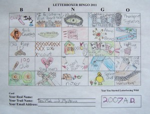 TrailMark and Mysterina's 2011 Letterboxer BINGO card